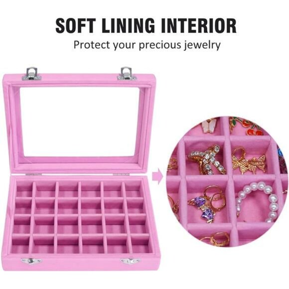 Ring Jewelry Box Organizer Pink Velvet Jewelry Display Holder 24 Grid Gift Her - Picture 4 of 6